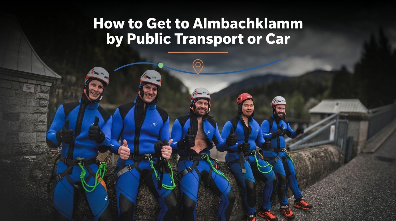 So kommt man zur Almbachklamm bei Hallein, Österreich für Canyoning. Hier sieht man eine Canyoning Gruppe am Treffpunkt am Wiestlastausee.